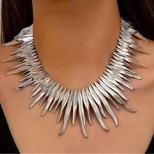 Silver Fringe Statement Choker Tassel Spiked Necklace